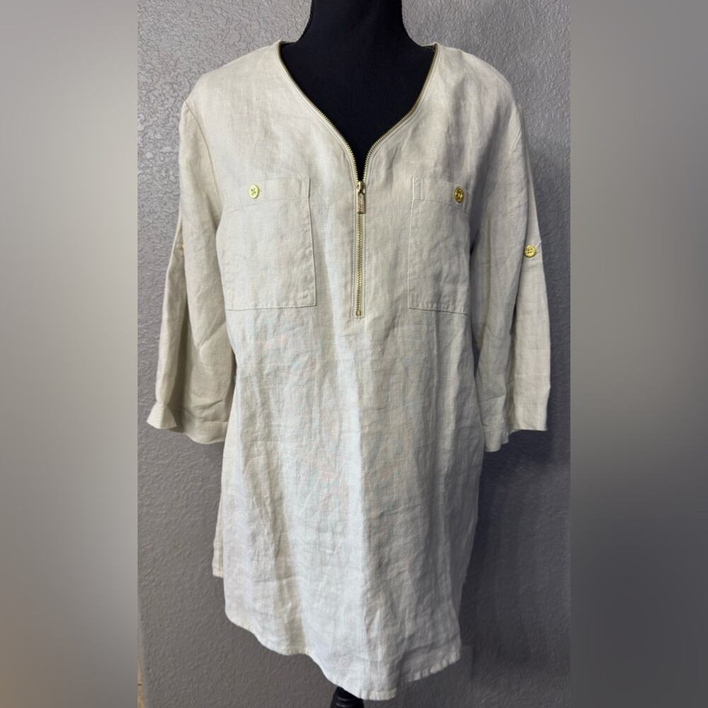 Company Ellen Tracy Womens M Tan 100% Linen Zip Neck 3/4 Sleeve Tunic Top Blouse